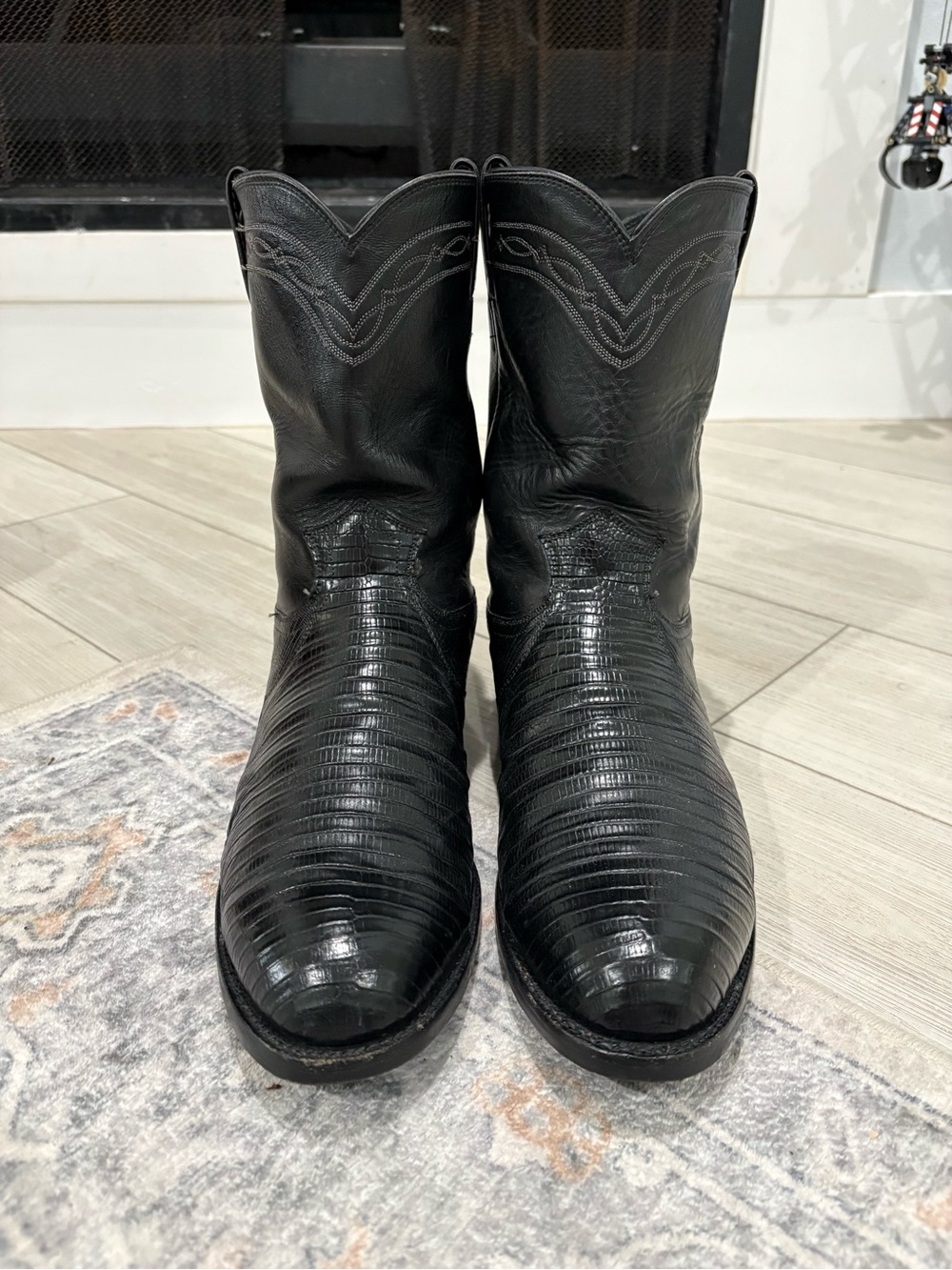 Justin Boots Black Lizard-Print Leather Cowboy Boots